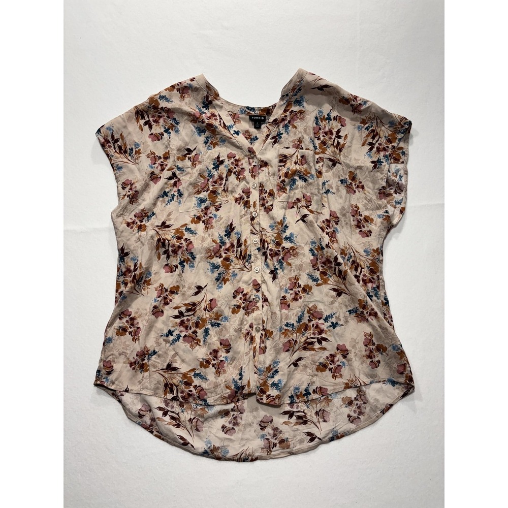 Torrid Blouse Womens 2X Tan Floral Short Sleeve Dolman Tunic Top Button Front